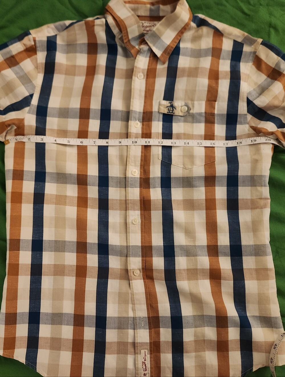 Original Penguin Plaid Button-Down Shirt in Blue, Brown & Cream